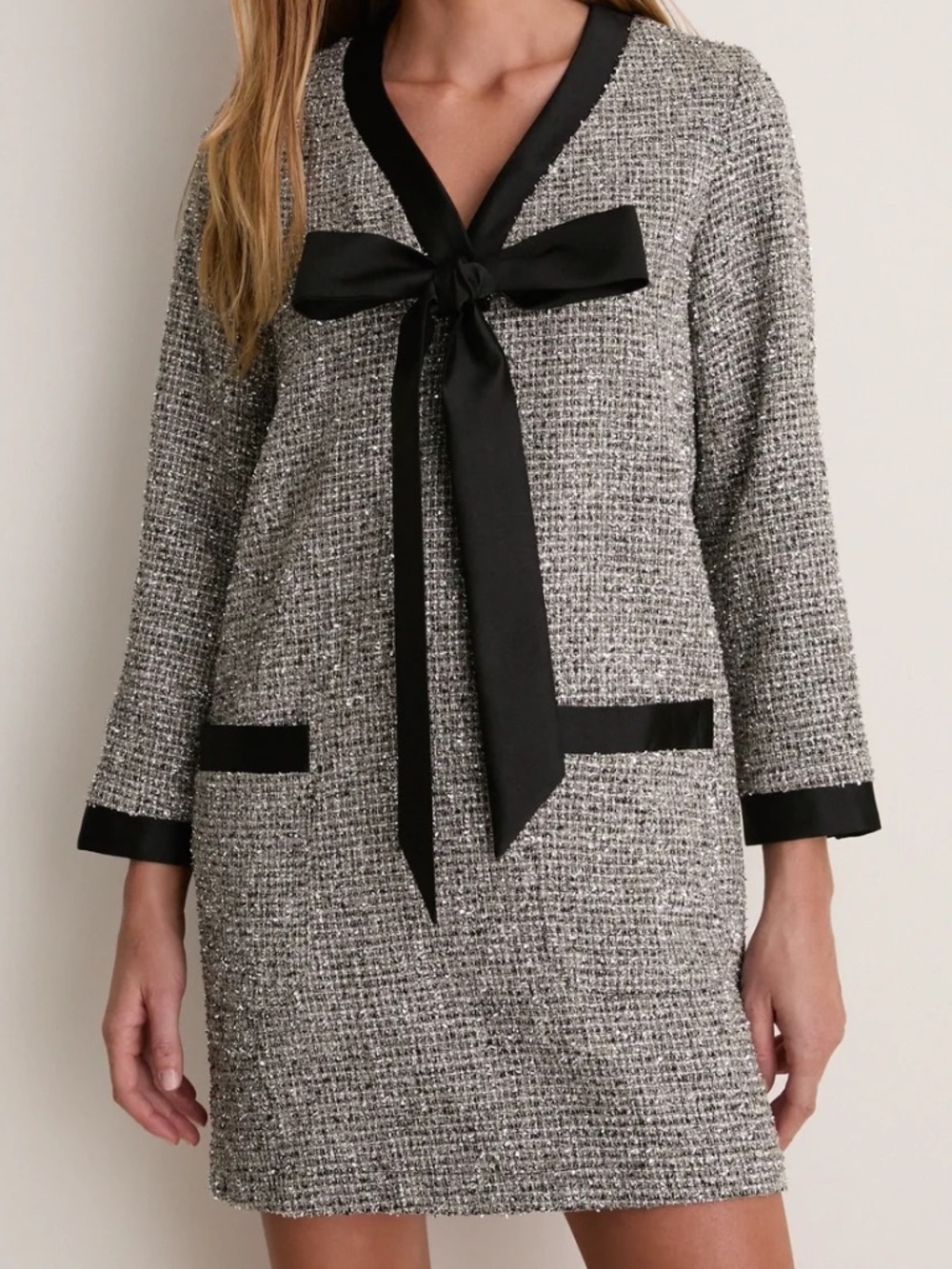Pomander Place Silver Coco Tweed Bow Dress Size Small Elegant metallic silver
